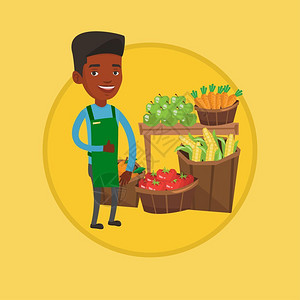 在蔬菜店工作的非洲男青年卡通矢量插画图片