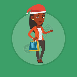 戴着圣诞帽提着购物袋的非洲女孩卡通矢量插画图片