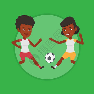 两名比赛踢足球的非洲女球员卡通矢量插画图片