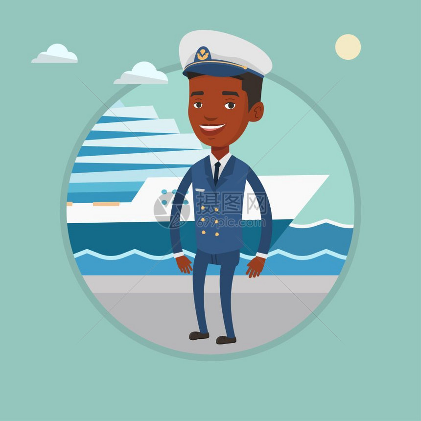站在游轮前身着制服的年轻非洲男船长卡通矢量插画图片