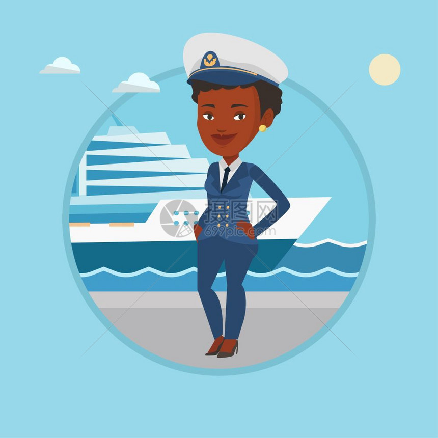 站在游轮前身着制服的年轻非洲女船长卡通矢量插画图片