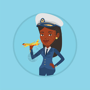 手拿飞机模型的非洲女飞行员卡通矢量插画图片