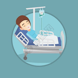躺在医院床上吸氧输液的女病人卡通矢量插画背景图片