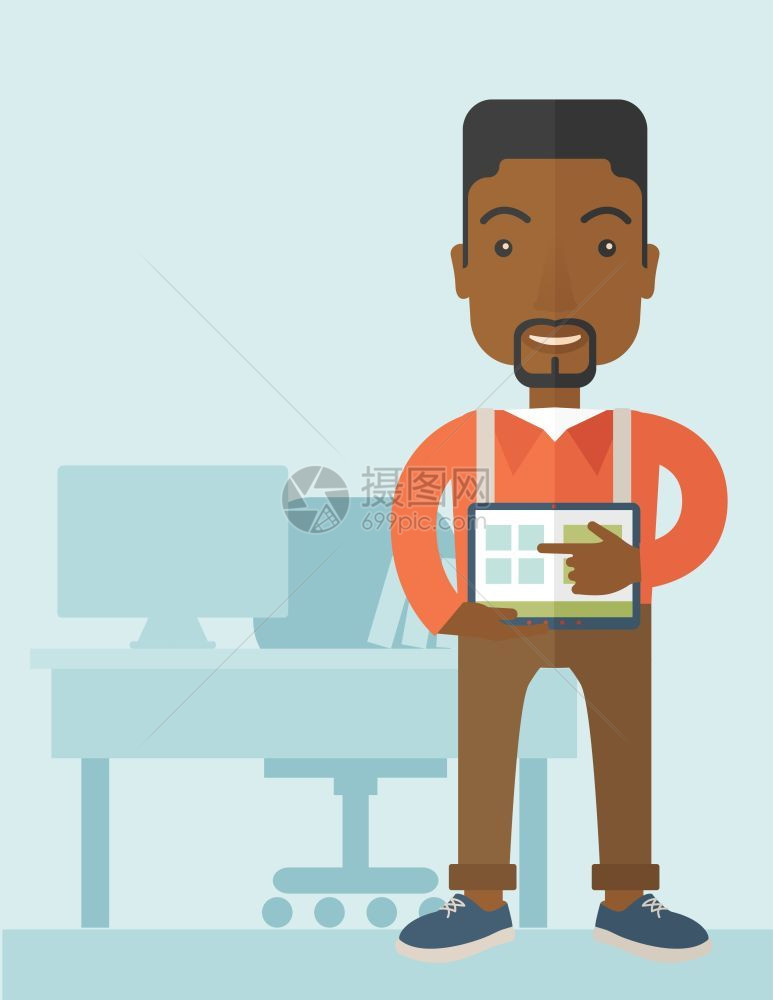 一名非洲美国人站在牌局上指着平板电脑用金融市场的日程表做办公室演示商业概念一种当代风格带有糊贴调色盘软蓝有背景矢量平面设计图示垂图片