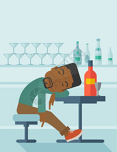 一位喝醉的非洲男子坐在桌上睡着坐在酒馆里喝着一瓶啤酒饮概念一种当代风格面盘调色软蓝有背景矢量平板设计图垂直布局上面有文字空间插画