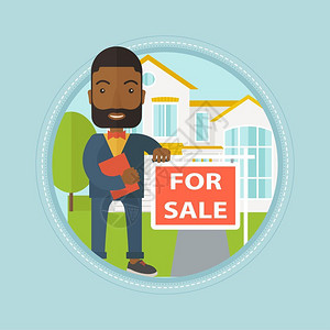 提供房屋出售工作的非洲地产代理商卡通矢量插画图片