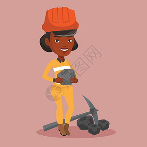 抱着煤炭的非洲女矿工卡通矢量插画图片