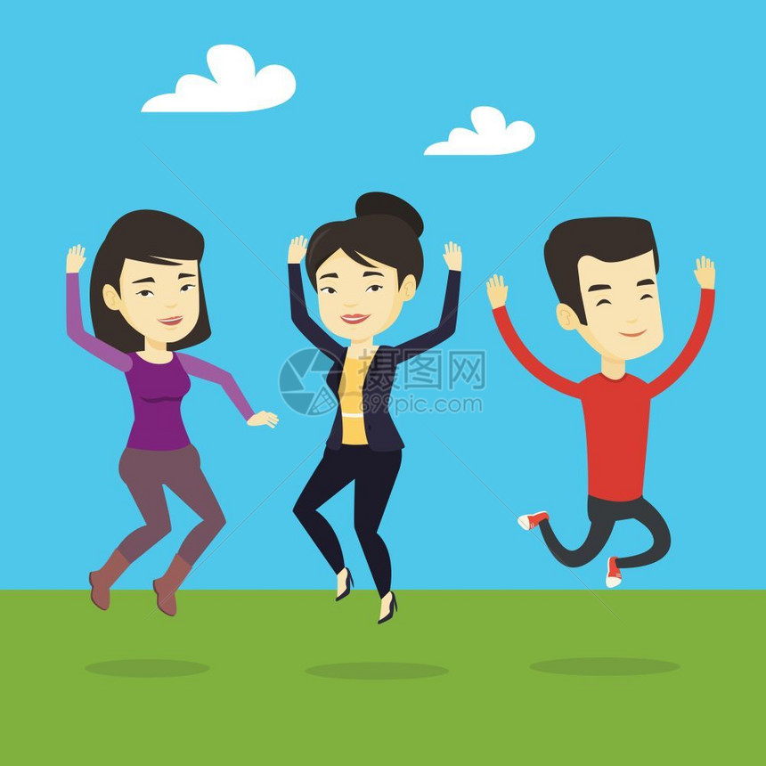 快乐的一群年轻人在公园的草地上跳跃矢量插图图片