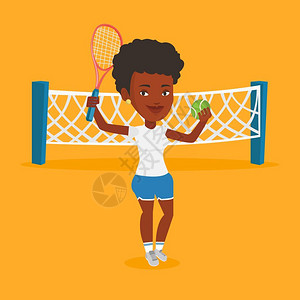 网拍爱打网球的快乐女运动员站在球场上微笑矢量图插画
