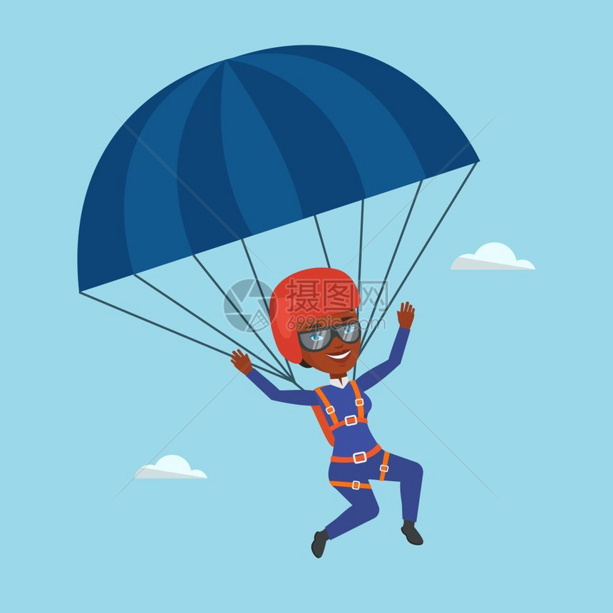 戴护目镜的非洲女人乘降落伞飞行图片