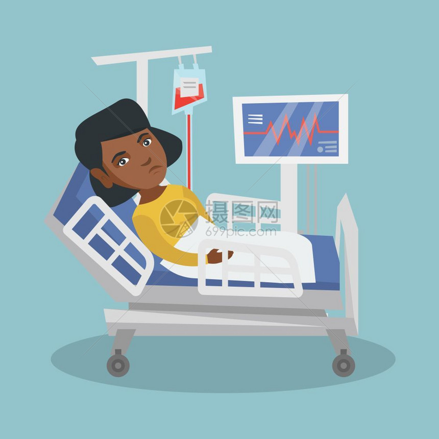 躺在病床上输血检测心跳的非洲女病人卡通矢量插画图片