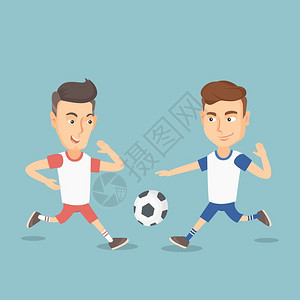 比赛踢足球的两名男足球运动员卡通矢量插画图片