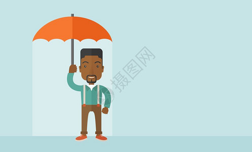 成功的商人站在保护伞旁边他免受阳光和雨的侵袭一种当代风格面盘调色板软蓝背景矢量平面设计图解水平布局右边有文字空间成功的人有雨伞背景图片