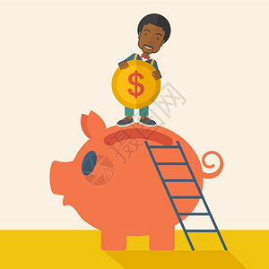 一个黑人用梯子在小猪银行存钱矢量元素图片
