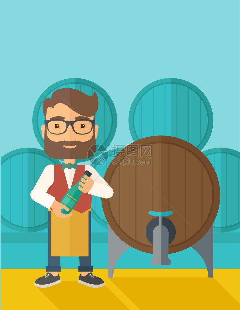 葡萄酒制造者站在他的围裙上拿着一瓶葡萄酒从储藏室的桶里取出一红酒种当代风格面盘调色深蓝背景矢量平板设计图垂直布局上面有文字空间葡图片