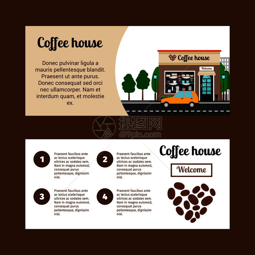 商店建筑咖啡厅和风景矢量宣传海报设计图片