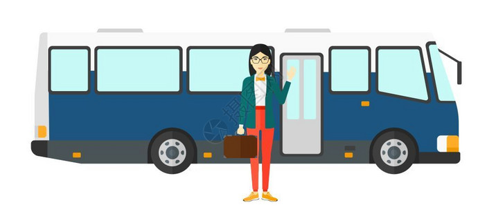 门手亚洲妇女站在公共汽车入口处矢量图插画
