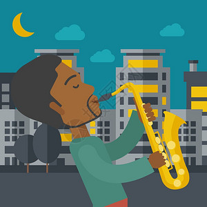 音乐人吹萨克斯夜晚城市建筑插画图片