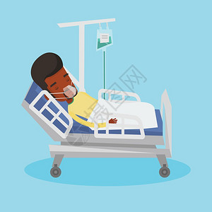 躺在医院床上吸氧输液的非洲男子卡通矢量插画背景图片