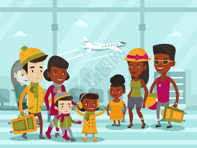 在机场一家人旅行乘坐飞机手绘插画图片