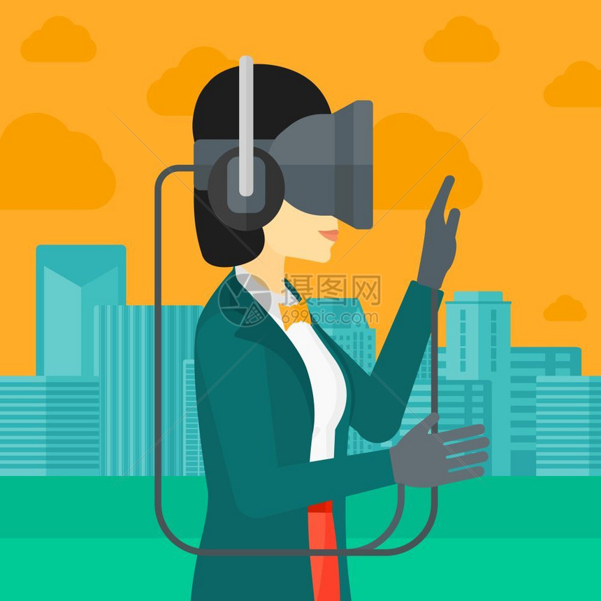 一名身着虚拟relaity头盔的亚洲女在城市背景矢量平面设计图示上身着虚拟relaityhedt图片