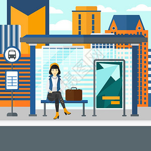 亚洲女人在城市公交车站矢量平面设计图插画