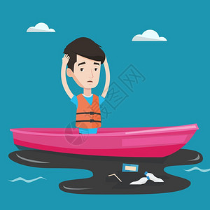 湖头米粉在船上漂浮从水中捡垃圾的男人插画