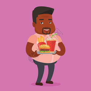 黑色汉堡拿着快餐盘的胖子插画
