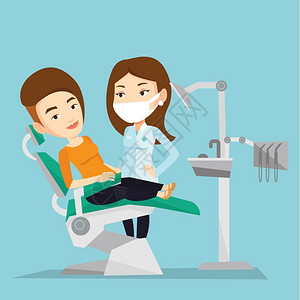 牙医椅坐在牙科椅上病人和医生插画