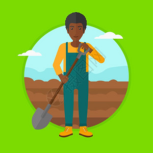 黑色土地农民拿着铲子站在田地上插画