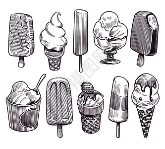 复古手绘各种各样的冰淇淋矢量元素图片