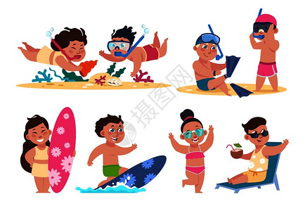 玩冲浪女孩暑假孩子们在海滩上游泳玩耍玩冲浪度假矢量元素插画