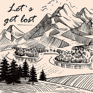 山地露营复古手绘山地景观海报矢量图插画