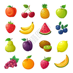 卡通水果桃子樱菠萝苹果西瓜香蕉蓝莓柠檬插图背景图片
