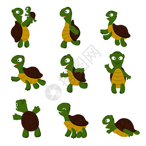 可爱绿色小乌龟不同姿势卡通矢量插画图片