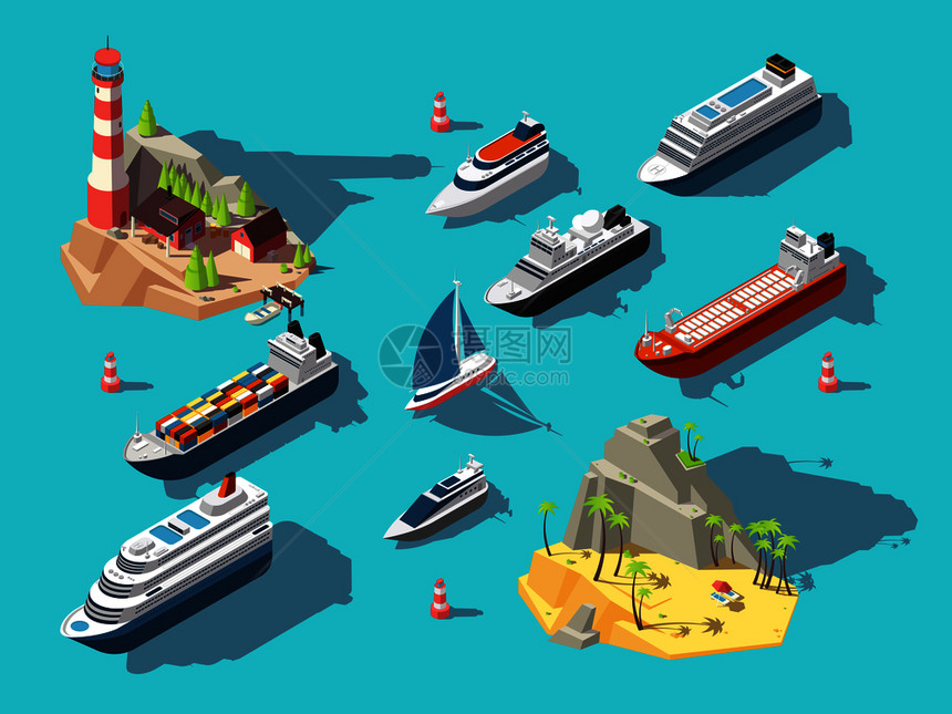 船舶海岛建筑插画图片
