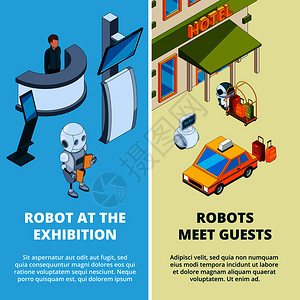 酒店机器人机器人帮助展览和旅馆设备装置创新矢量各种机器人助理的概念图解插画
