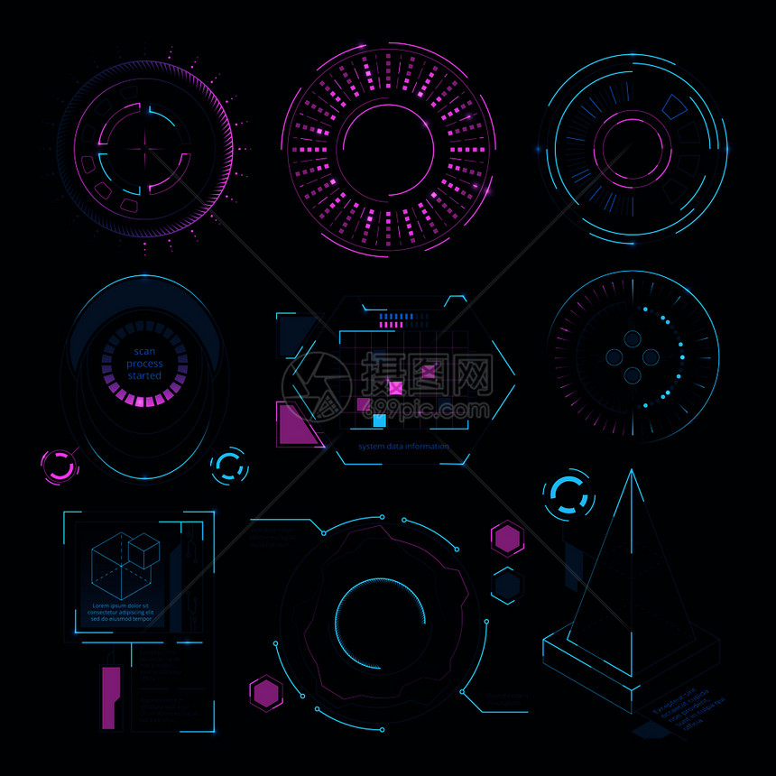 数字网络界面的圆形未来状hudscif符号可视化技术数据全息图仪表gui进程矢量说明符号图片
