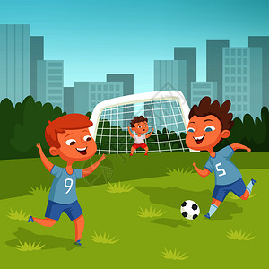 在户外玩足球的儿童卡通图背景图片