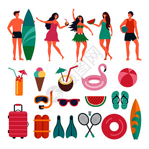 暑期夏季旅行者旅游游泳冲浪装备矢量图图片