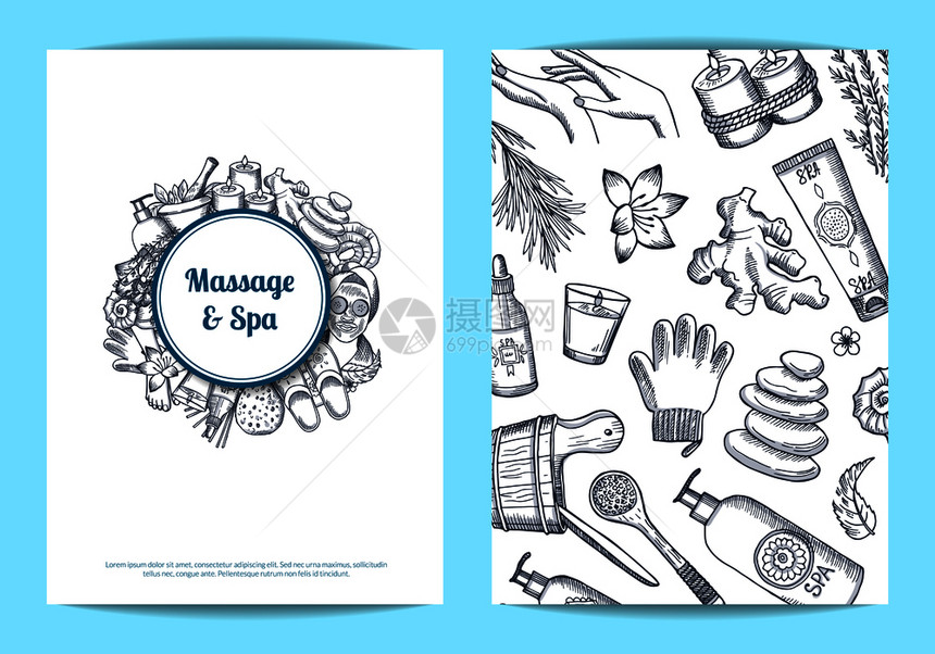 手工抽取的温泉元素卡传单或小册子模板插图图片