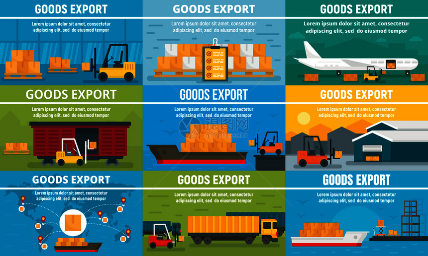 货物出口横幅组货物出口矢量的平面图示为网络设计置的商品出口矢量横幅组货物出口横幅组平面风格图片