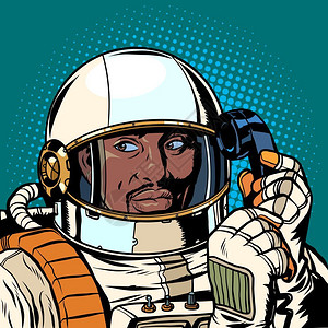 电话历史素材流行艺术回向矢量图画严重的非洲宇航员在回向电话上说插画