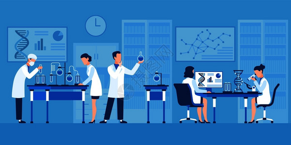 化学实验室背景制药实验室的化学家插画