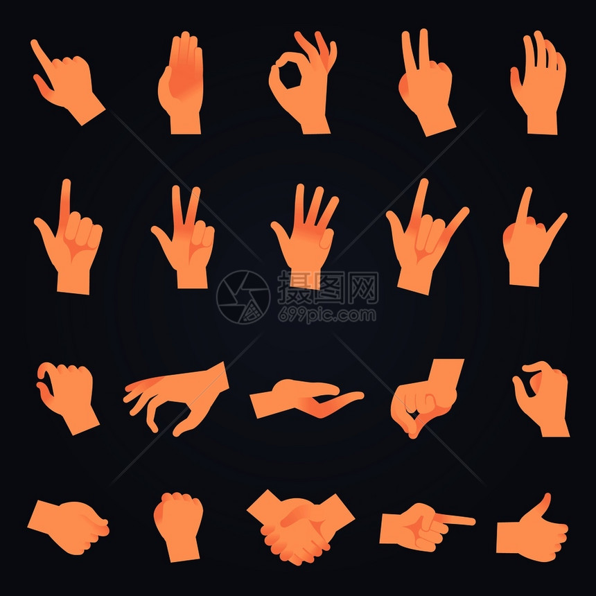 女或男手握举打开某种东西并触摸矢量孤立显示不同的符号对象手姿势设定女或男手握打开某种东西并触摸矢量孤立对象图片