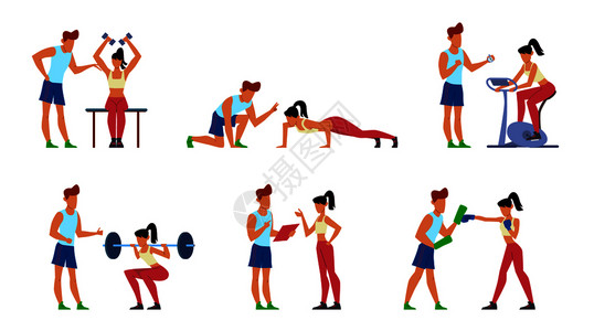 健身教练与积极运动的女孩扁平风卡通矢量插画图片