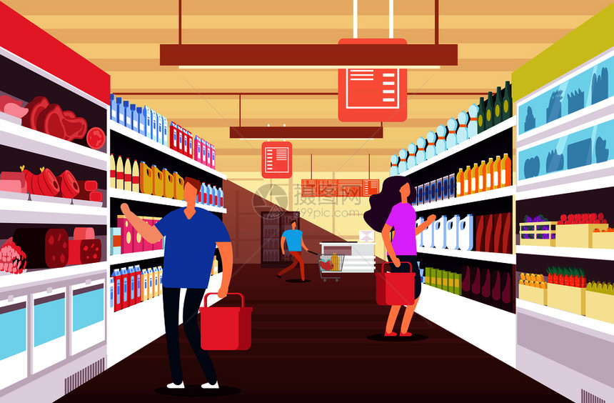 零售和折扣销矢量概念超市商店零售杂货店和场有客户插图在超市购物食品货架之间购物零售和折扣销矢量概念零和折扣销矢量概念图片