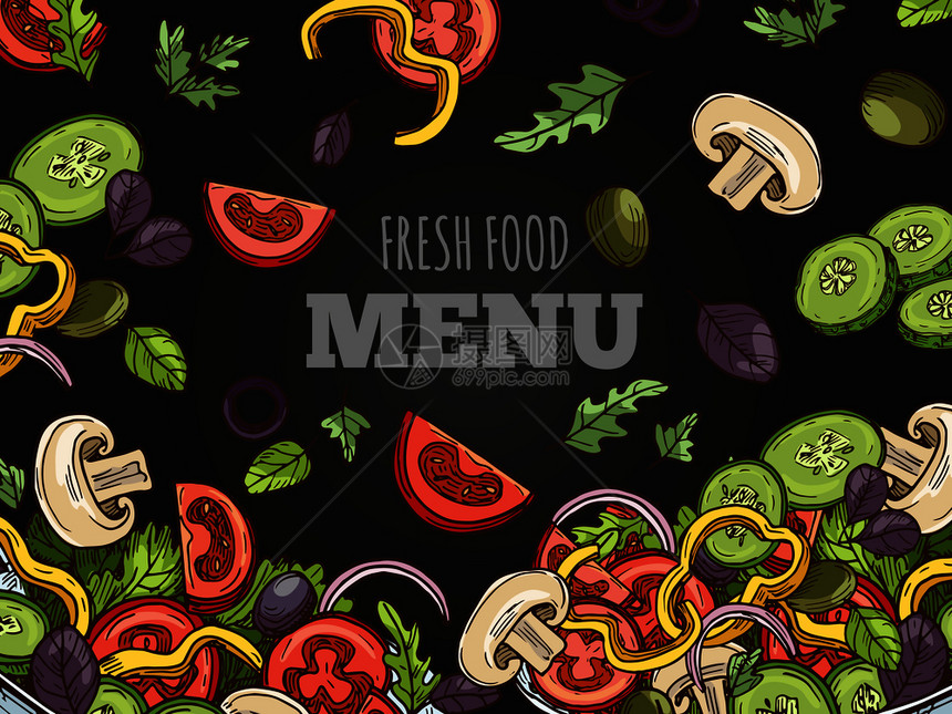 新鲜食品菜单包括矢量模板黑白背景的素食沙拉手草图有机素和食新鲜蔬菜插图食品菜单覆盖矢量模板粉黑背景的素食沙拉手草图粉黑板背景的素图片