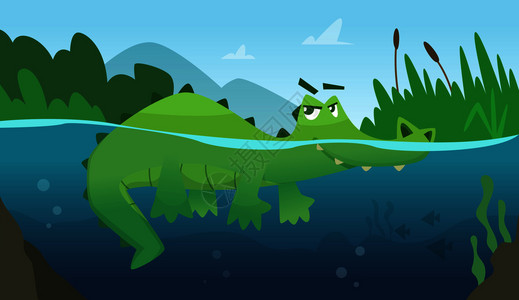 鳄鱼眼睛卡通鳄鱼在水中潜伏插画