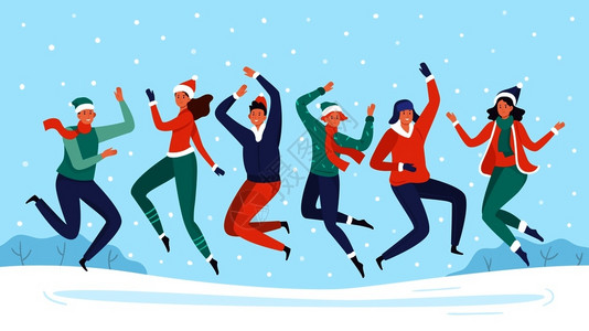 在摄影的人冬季节假日在雪中跳跃一群朋友矢量插画插画